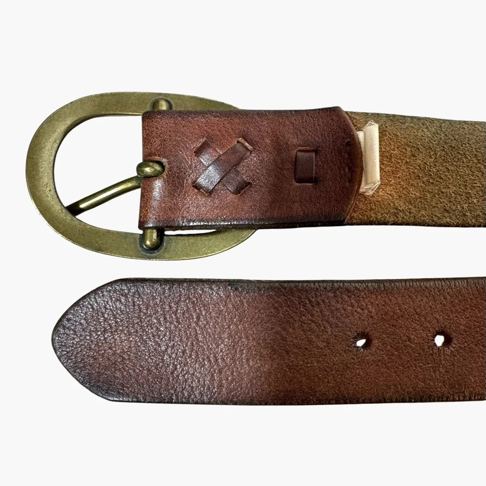 VTG Mossimo Supply Co Leather Belt Oval Brass Buckle Brown Cottagecore Western